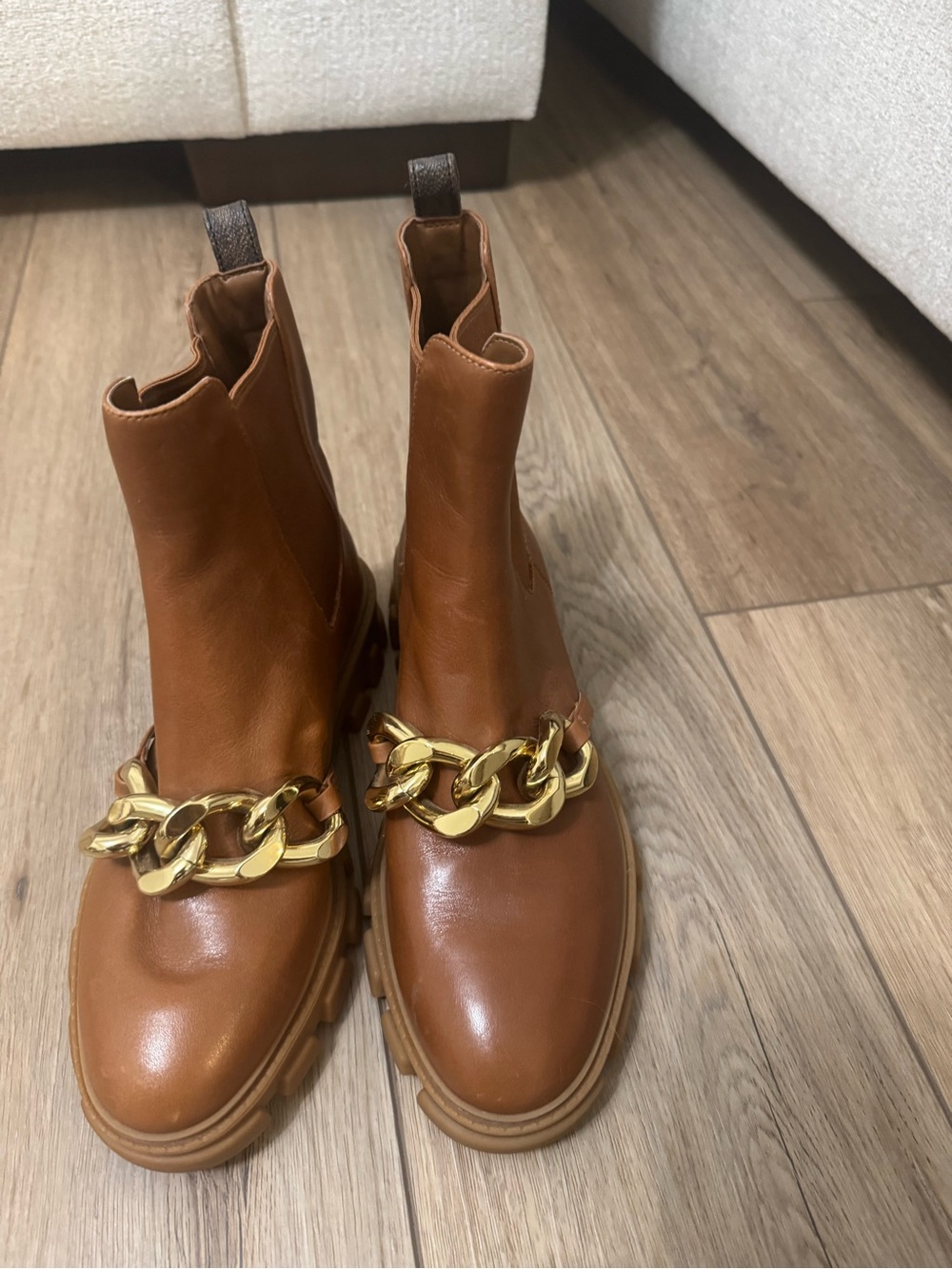 Michael Kors Tan Leather Chelsea Boots with Gold Chain